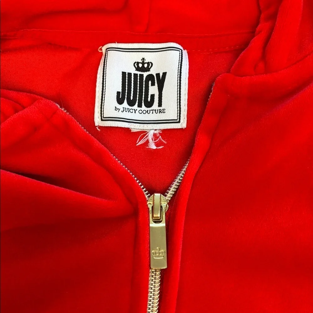 Juicy Couture SET Red Velour Zip Up Jacket Flare Pants Glittering Crown S Y2K - Picture 12 of 13